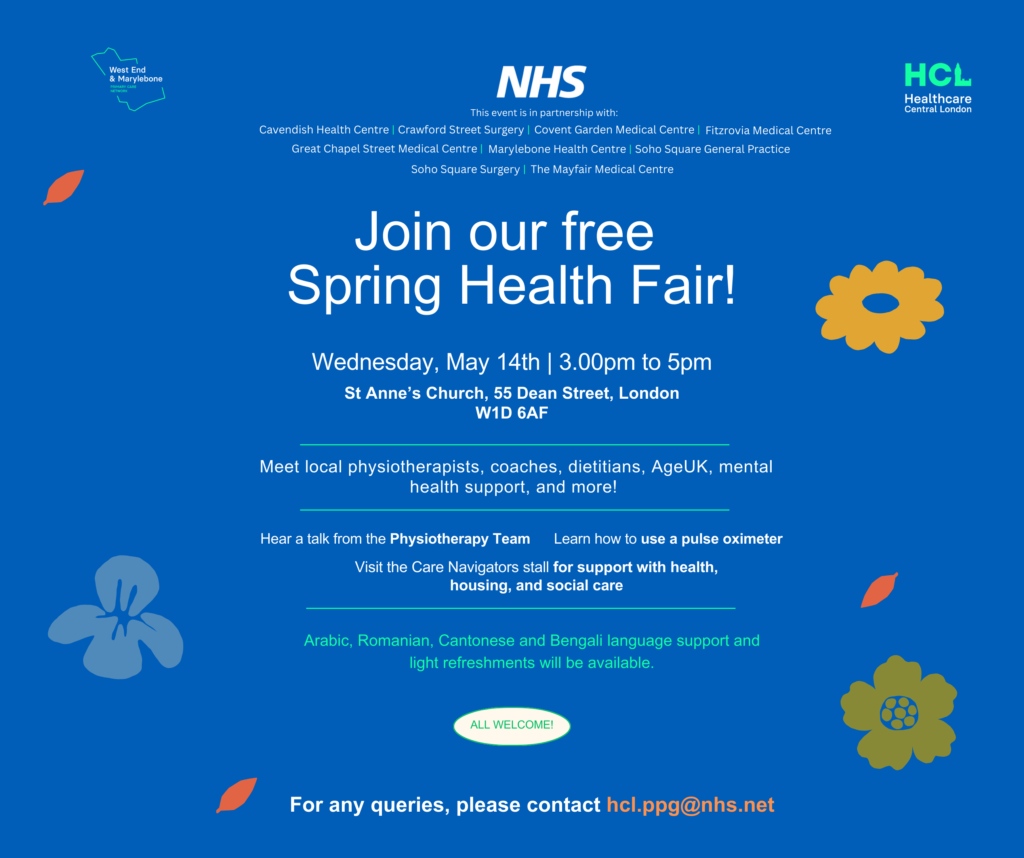 Poster for Spring Health Fair.
The free event is on Wednesday, May 14th from 3pm to 5pm at St Anne’s Church, 55 Dean Street, London W1D 6AF